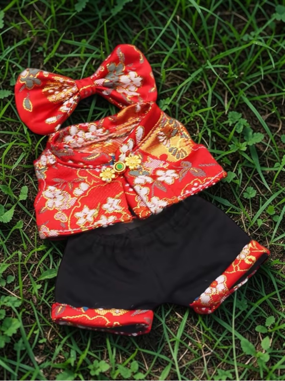 Red Floral Satin Bow Top and Black pant set